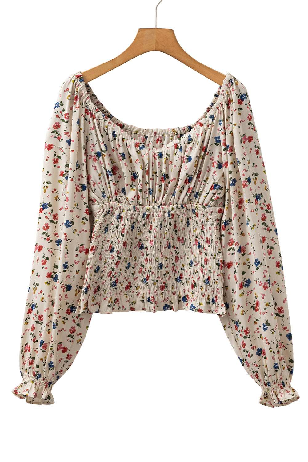 Beige Boho Floral Print Smocked V Neck Peplum Blouse-True and Wild