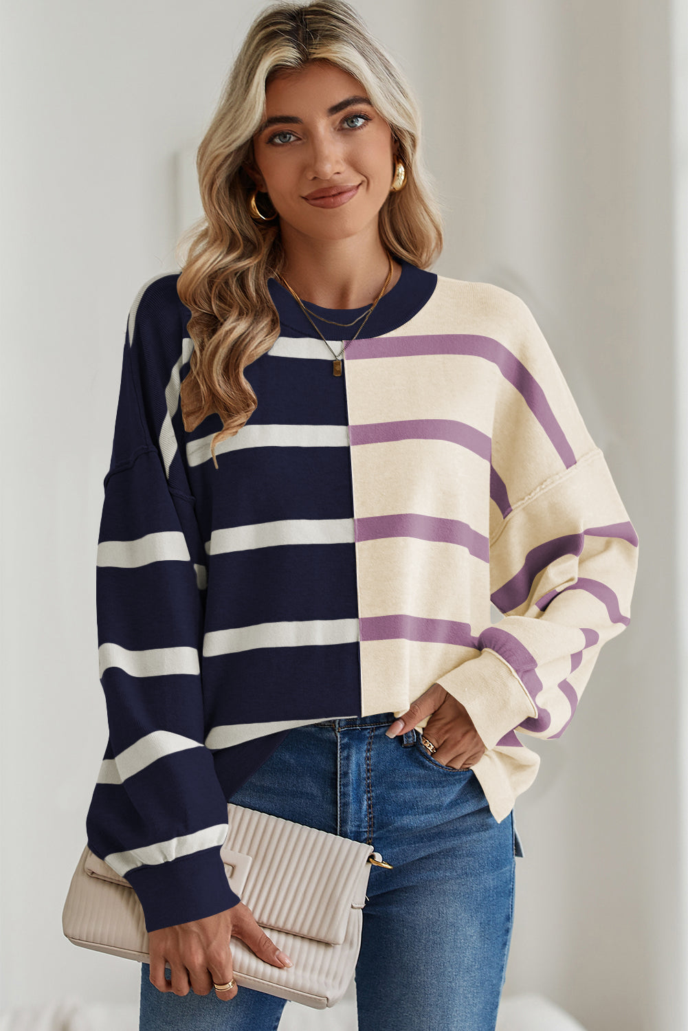 Light Beige Striped Colorblock Drop Shoulder Sweater-True and Wild