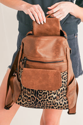 Coffee Leopard Patchwork PU Leather Functional Backpack-True and Wild