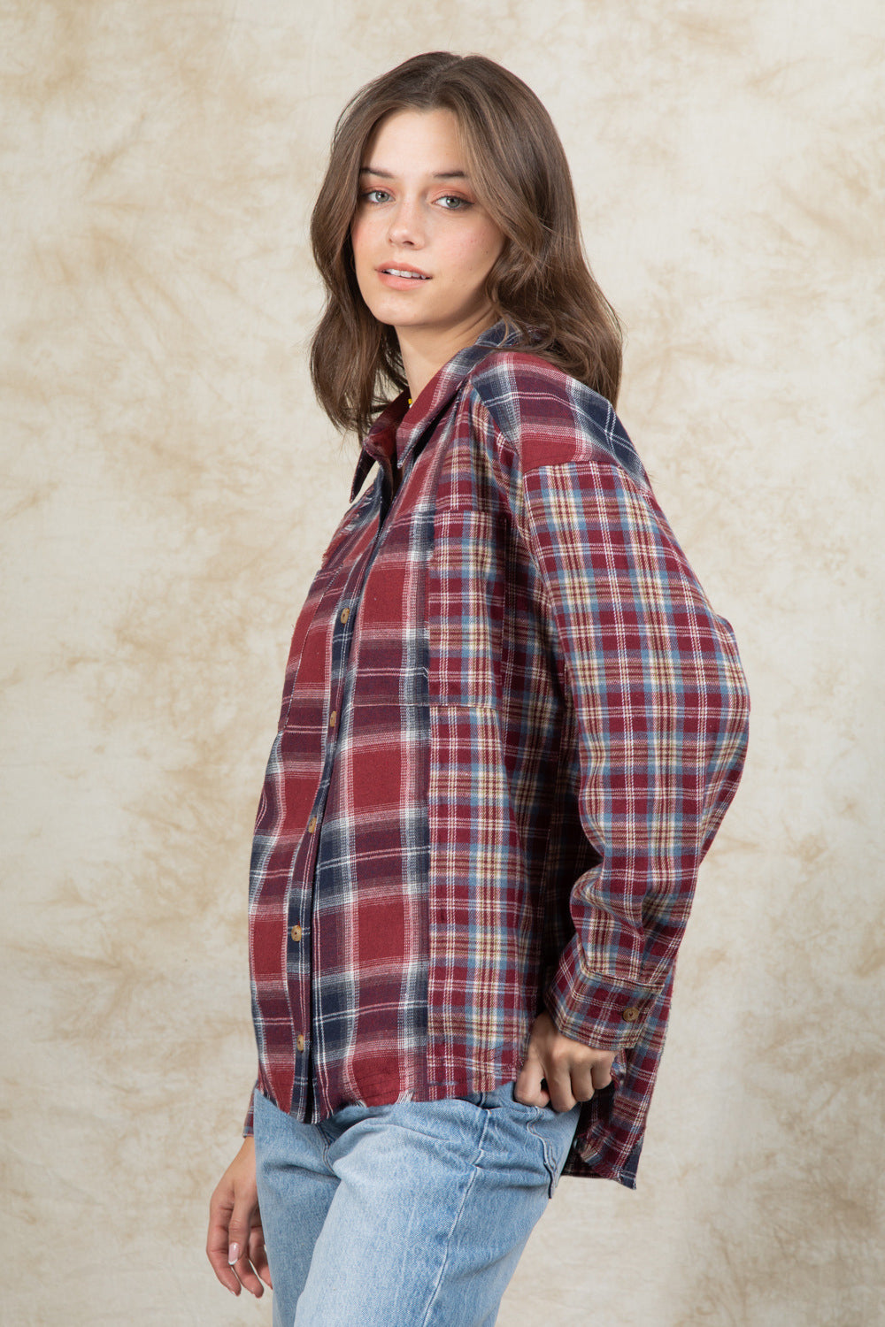 Plaid Collared Neck Button Up Long Sleeve Shirt-True and Wild