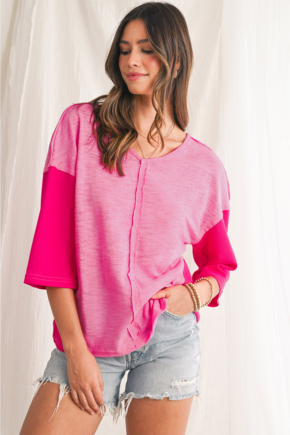 Sachet Pink V-Neck Exposed Seam Patchwork Top