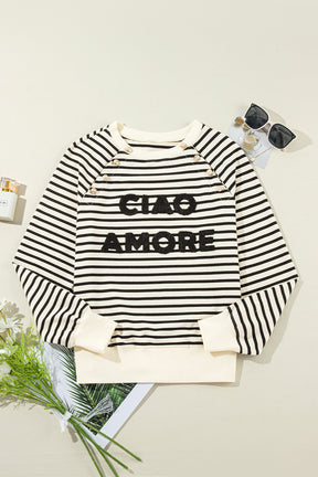 Black Stripe CIAO AMORE Graphic Buttoned Sweatshirt-True and Wild