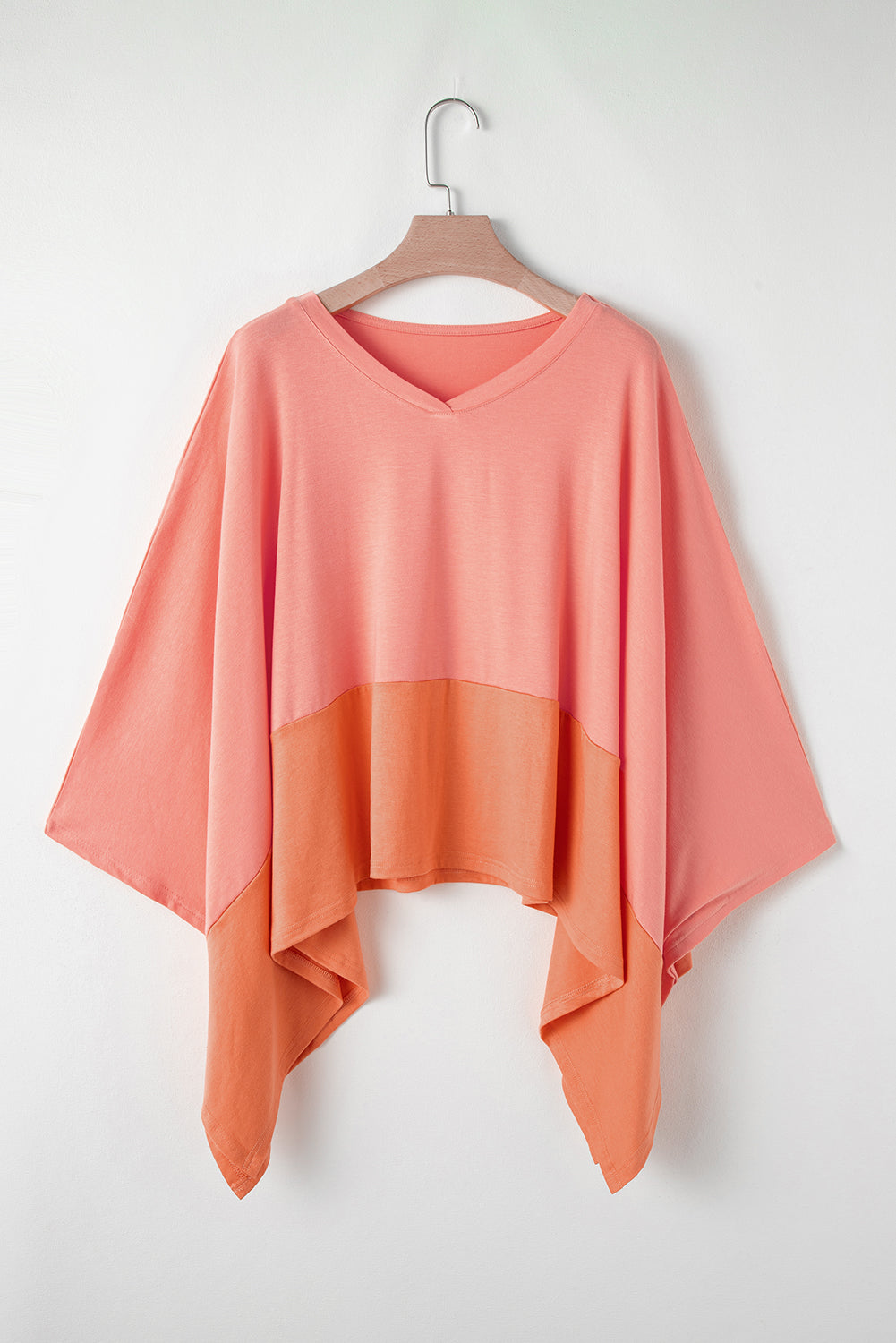 Grapefruit Orange Colorblock V Neck Slits Oversized Top-True and Wild