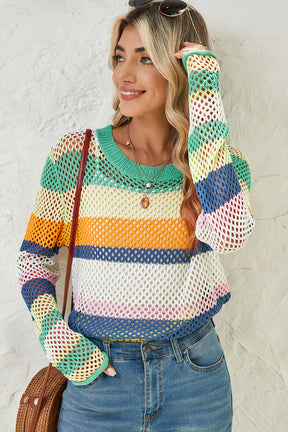 Rose Red Colorblock Striped Hollow Knitted Top-True and Wild