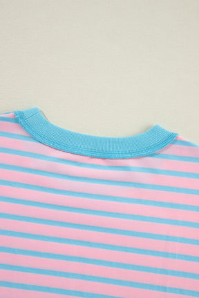 Pink Stripe Contrast Trim High Low Tunic Sweatshirt-True and Wild