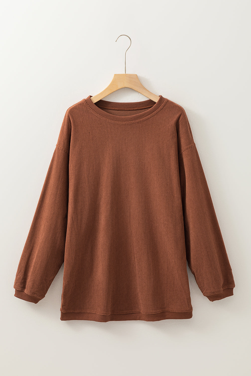 Chestnut Plain Drop Sleeve Crinkle Rib Oversized Sweatshirt-True and Wild