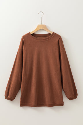 Chestnut Plain Drop Sleeve Crinkle Rib Oversized Sweatshirt-True and Wild