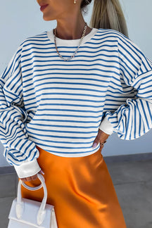 Blue Stripe Drop Shoulder Crew Neck Loose Sweatshirt-True and Wild