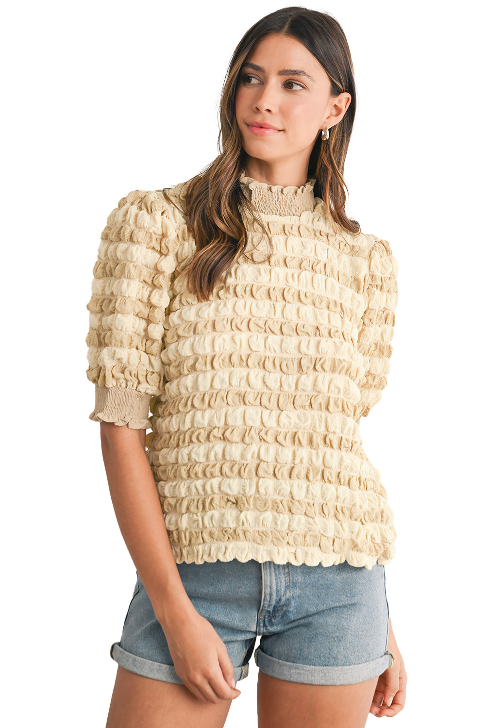 Beige Textured Frill Trim Smocked Puff Sleeve T Shirt-True and Wild