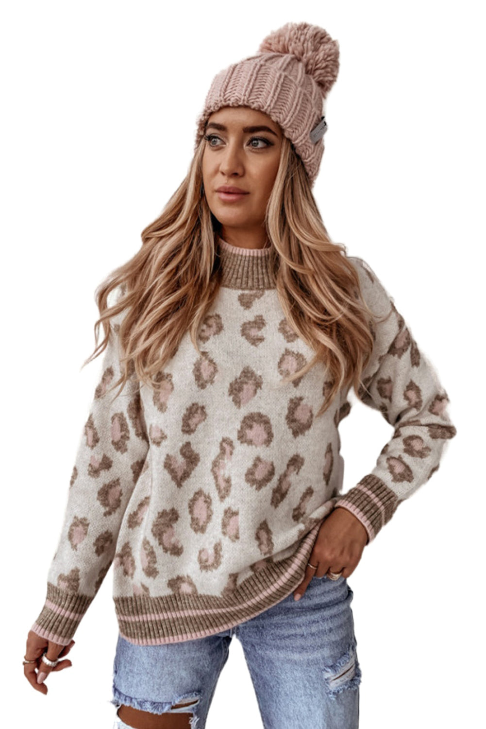 Brown Two-tone Ribbed Trim Contrast Leopard Sweater-True and Wild