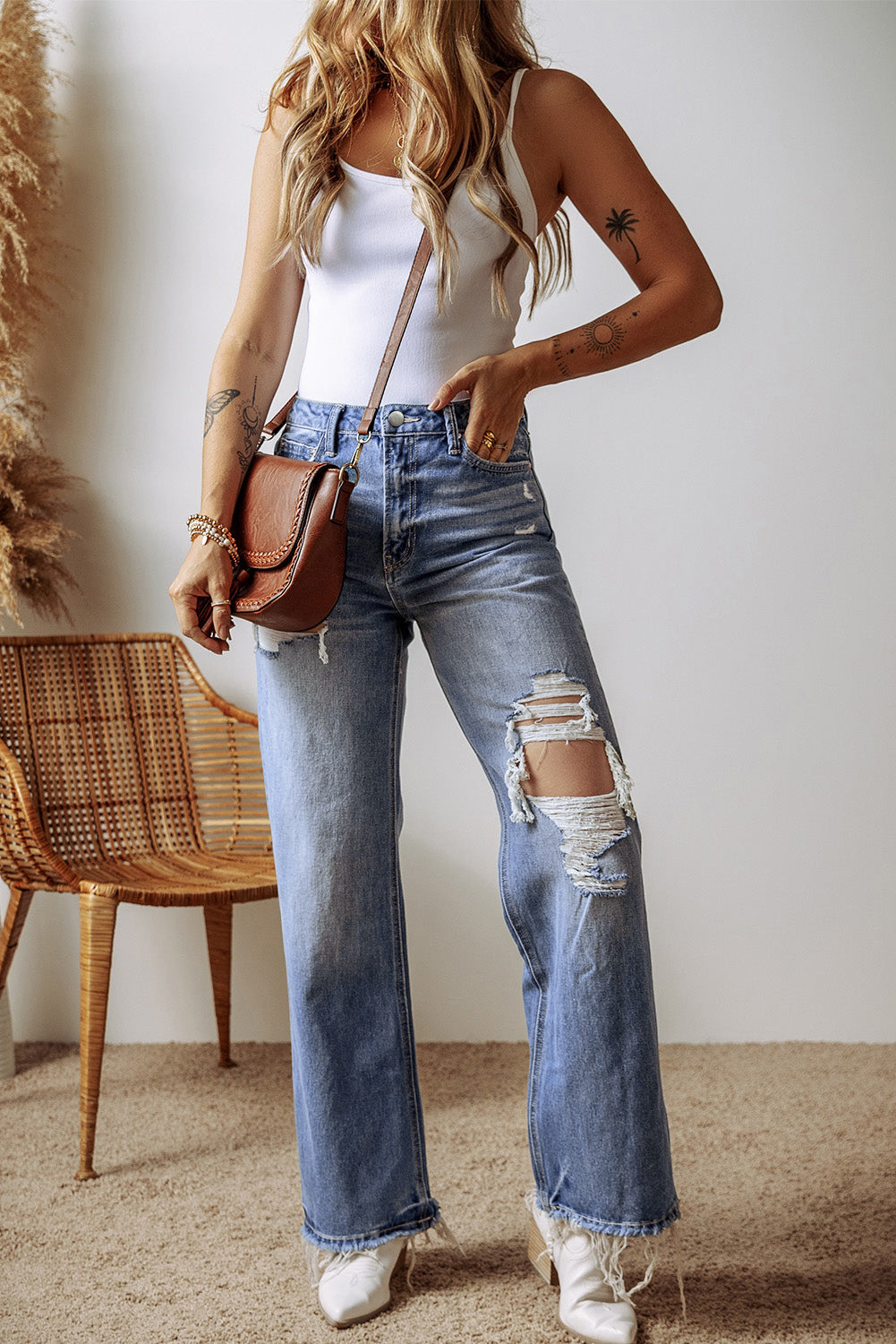 Ashleigh Blue Distressed Raw Hem Straight Leg High Waist Jeans-True and Wild