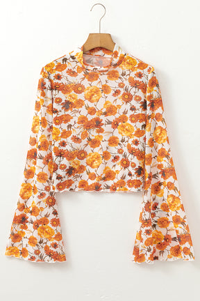 Orange Floral Print Bell Sleeve Mock Neck Scallop Trim Blouse-True and Wild