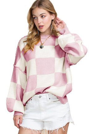 Orange & White Plaid Exposed Seam Bishop Sleeve Sweater-True and Wild