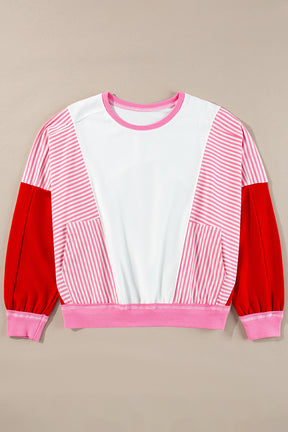 Rose Red Striped Patchwork Side Pocket Loose Sweatshirt-True and Wild