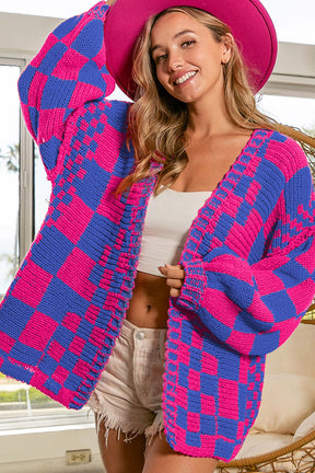 Rose Red Colorblock Checked Open Front Knitted Cardigan-True and Wild