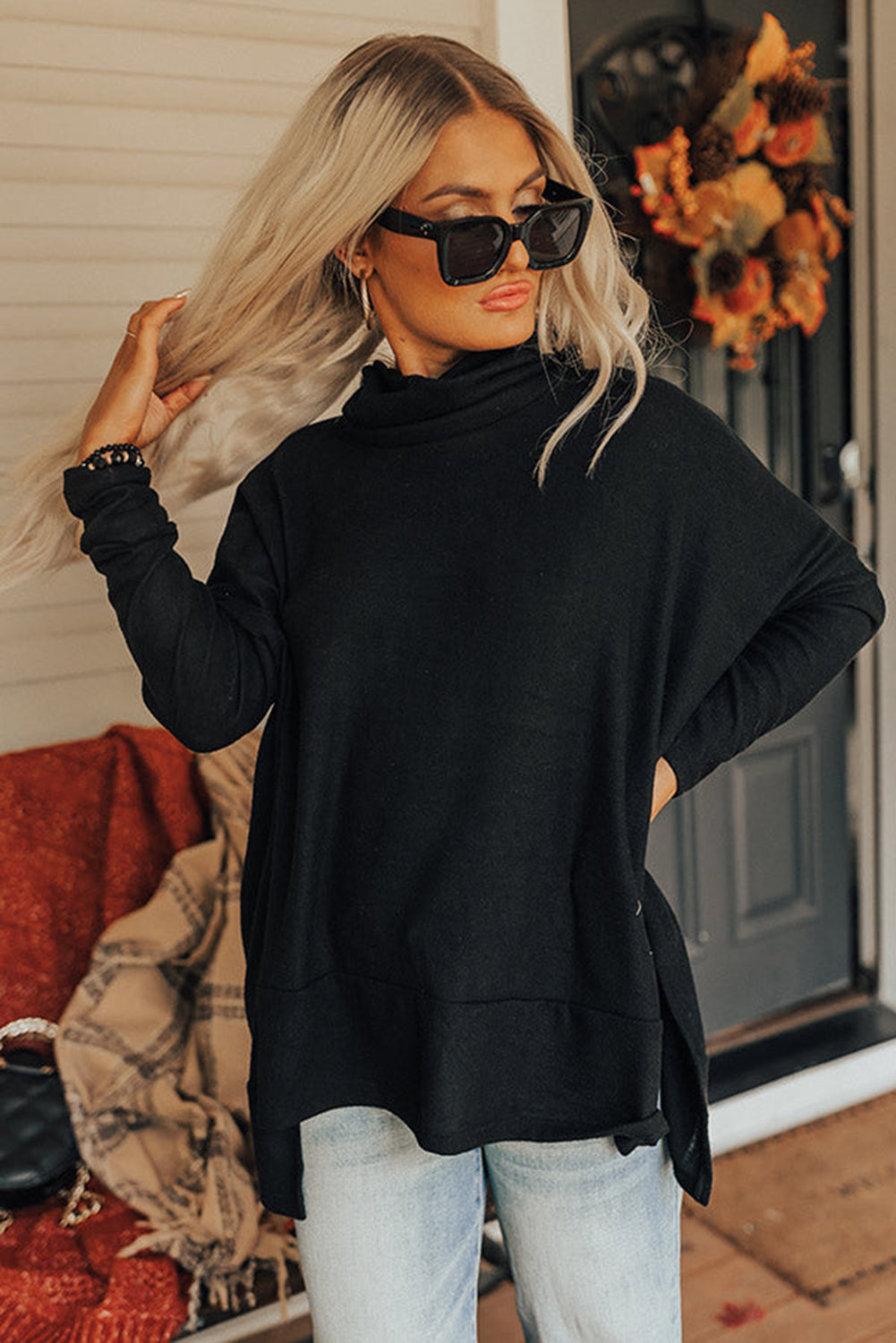 Black Cowl Neck Loose Fit Tunic Long Sleeve Top-True and Wild