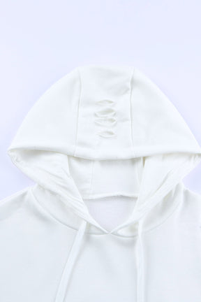 White Ripped Kangaroo Pocket Hooded Sweatshirt