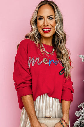 Fiery Red Tinsel Merry Letter Drop Shoulder Baggy Sweater-True and Wild