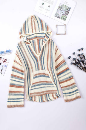 Contrast Striped Dropped Shoulder Hooded Knit Top-True and Wild