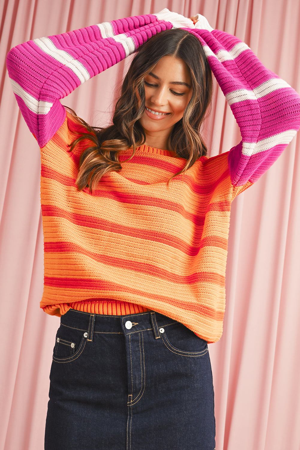 Orange Striped Colorblock Puff Sleeve Sweater-True and Wild