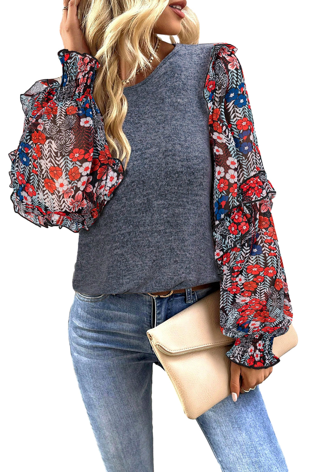 Blue Floral Ruffle Sleeve Patchwork Top-True and Wild