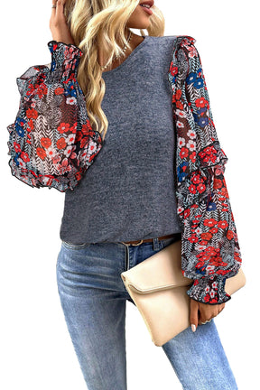 Blue Floral Ruffle Sleeve Patchwork Top-True and Wild