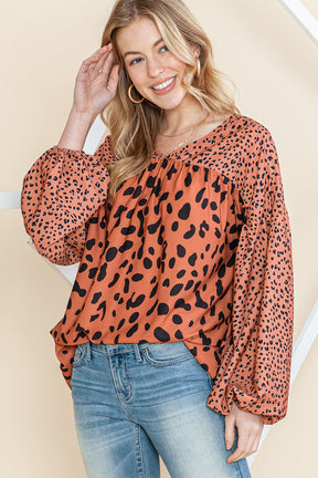 Brown Leopard V Neck Lantern Sleeve Tunic Blouse-True and Wild