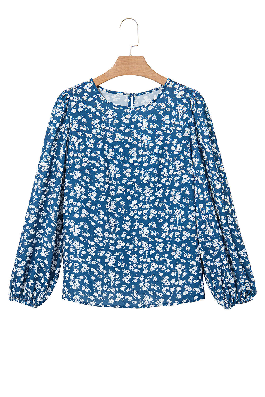 Blue Ditsy Floral Print Lantern Sleeve Blouse-True and Wild