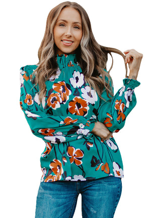 Green Mock Neck Top Floral Print Long Sleeve Silk Blouse-True and Wild