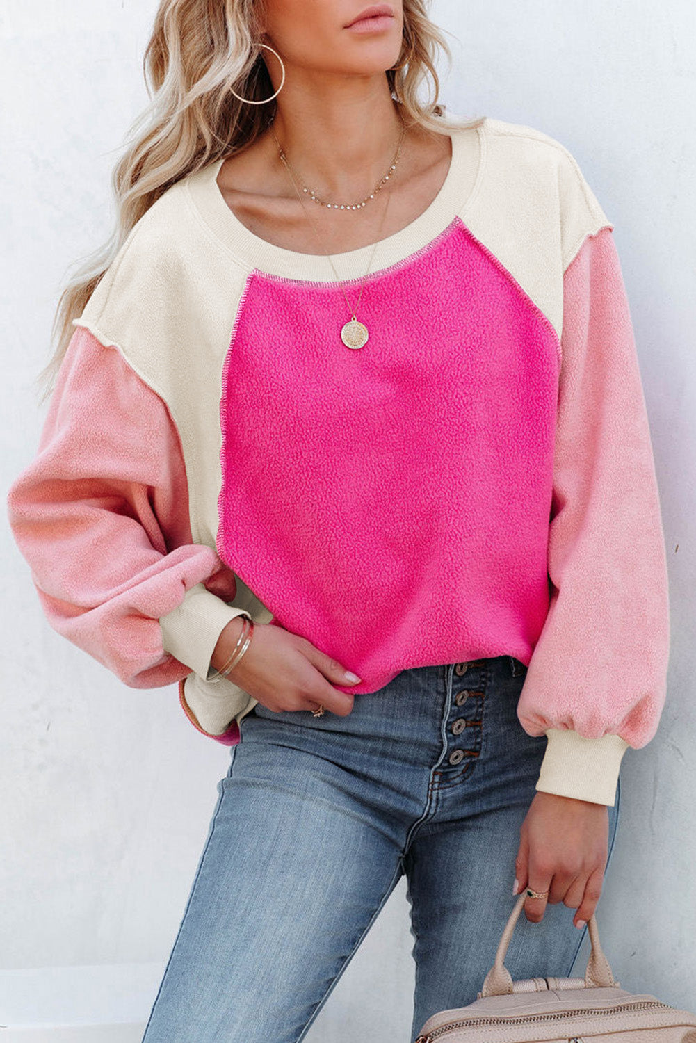 Rosy Colorblock Patchwork Plush Pullover Sweatshirt-True and Wild