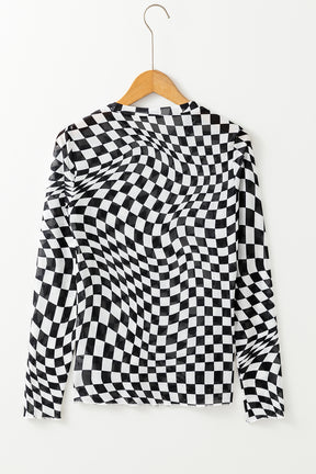 Black Checkered Pattern Mesh Long Sleeve Top-True and Wild