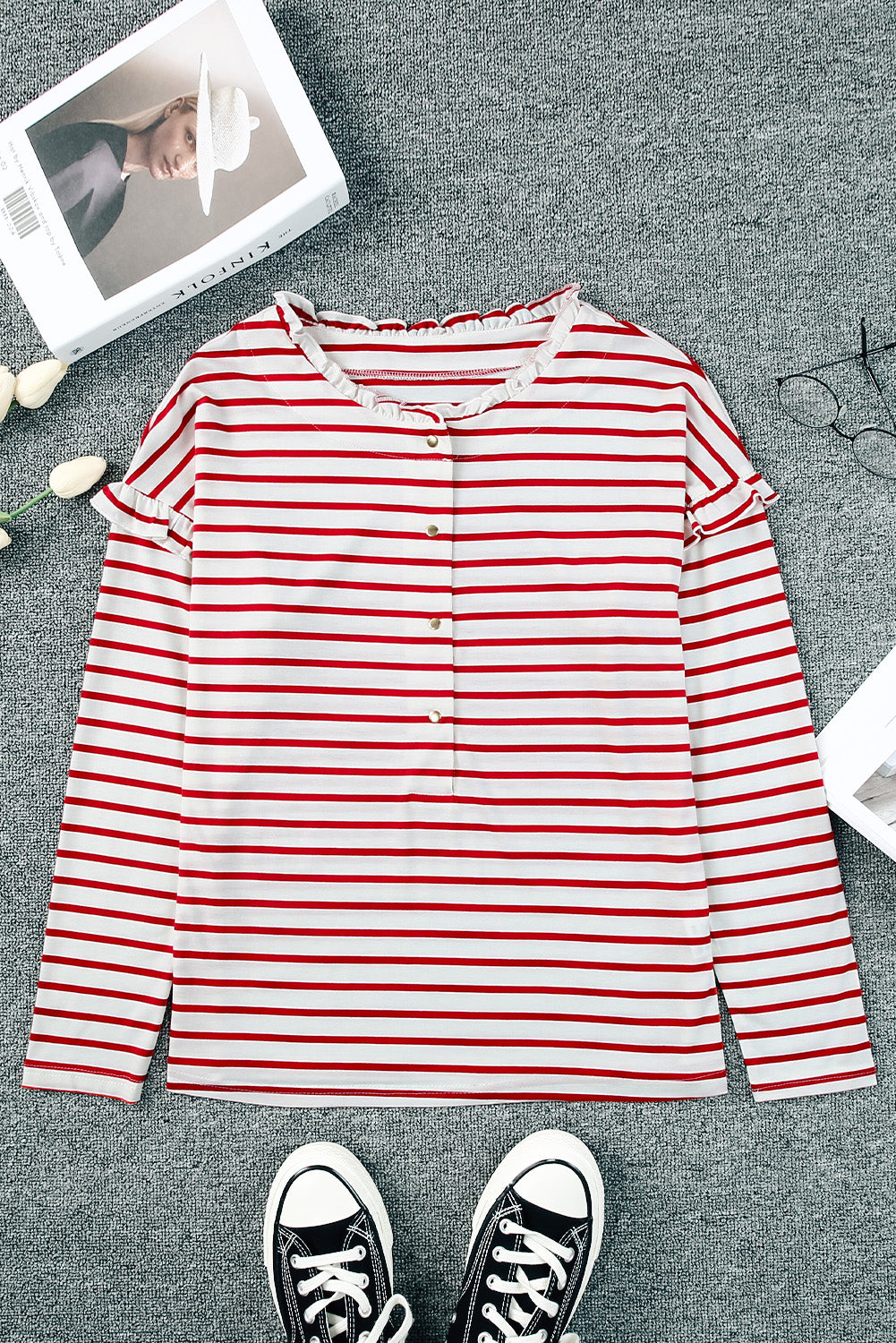 White Striped Snap Button Ruffle Trim Long Sleeve Top