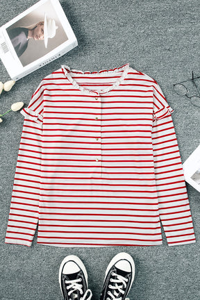 White Striped Snap Button Ruffle Trim Long Sleeve Top