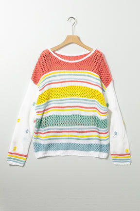 Hollow Striped Color Block Round Neck Sweater-True and Wild