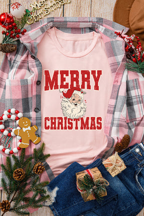 Pink MERRY CHRISTMAS Santa Claus Printed Round Neck T Shirt-True and Wild