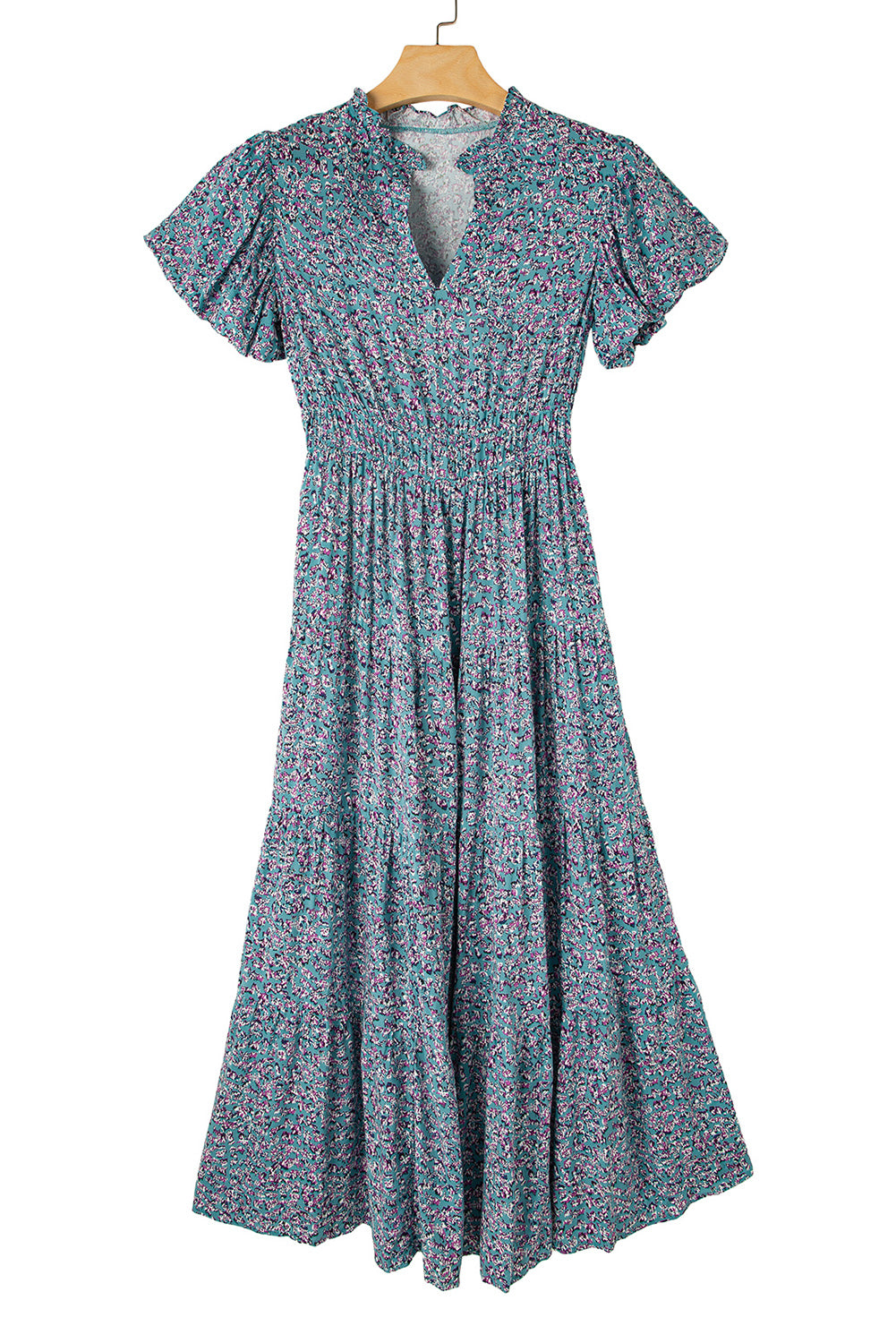 Blue Abstract Print Split V Neck Shirred High Waist Maxi Dress