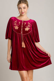 Umgee Embroidered Half Sleeve Velvet Mini Dress with Tassel