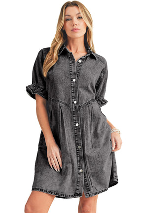 Blue Mineral Washed Ruffled Short Sleeve Pocketed Denim Dress-True and Wild