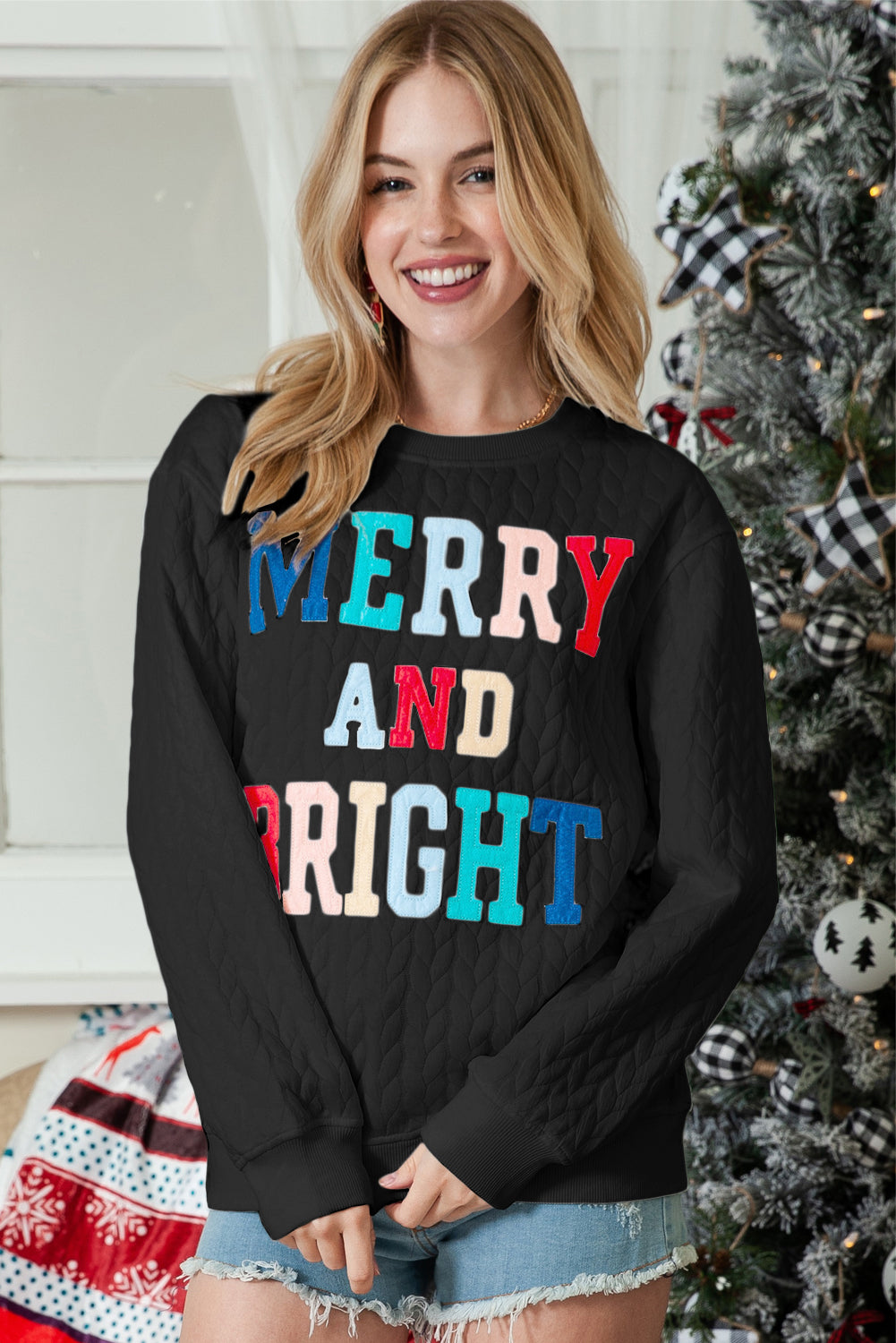 Black Merry and Bright Quilted Sweatshirt-True and Wild