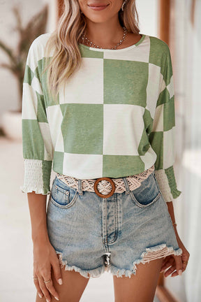 Grass Green Checkered Ruffle Smocked Cuffs Tee-True and Wild