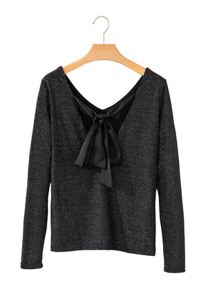 Black Sweet Bowknot Backless V Neck Top-True and Wild