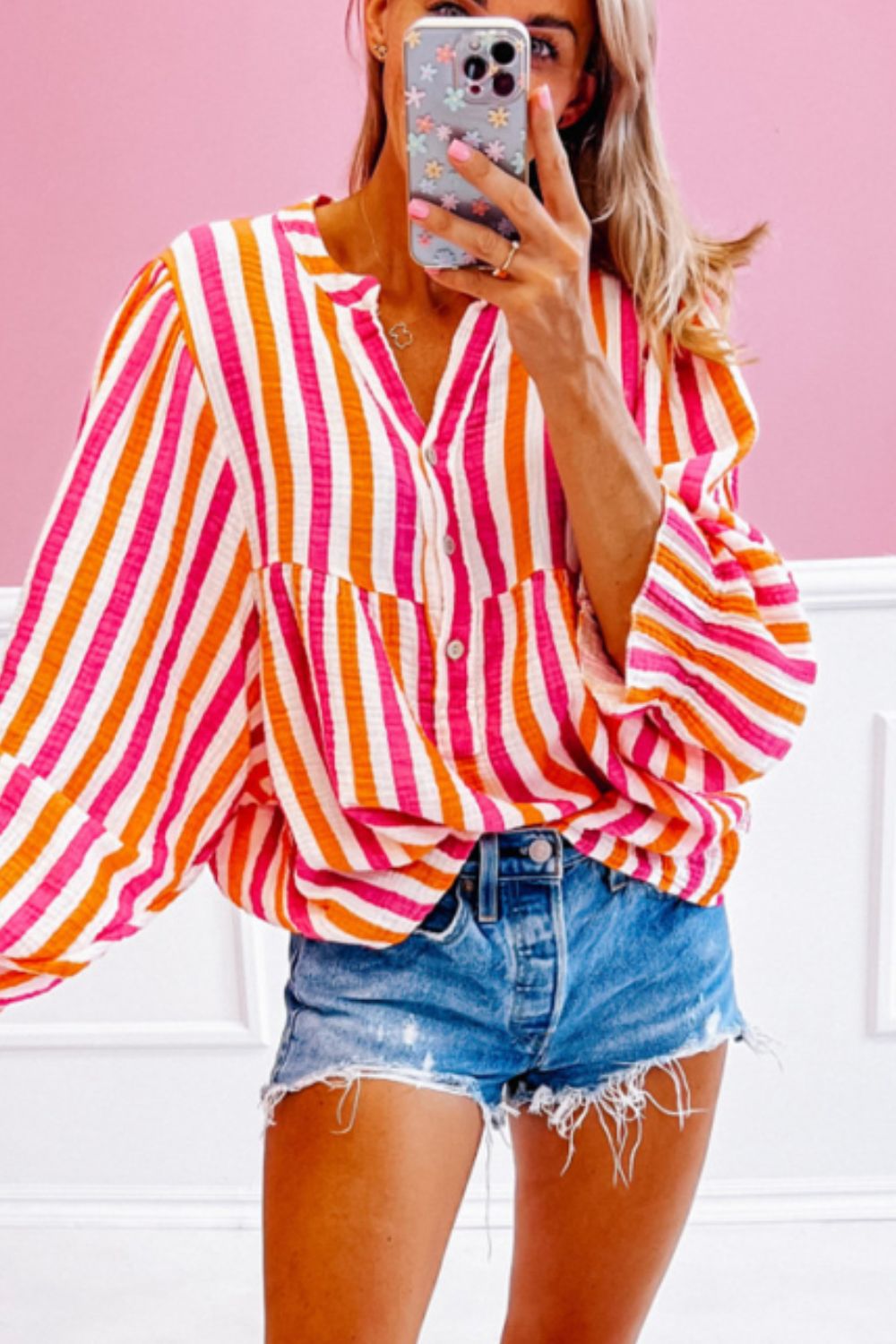 Striped Notched Flounce Sleeve Blouse