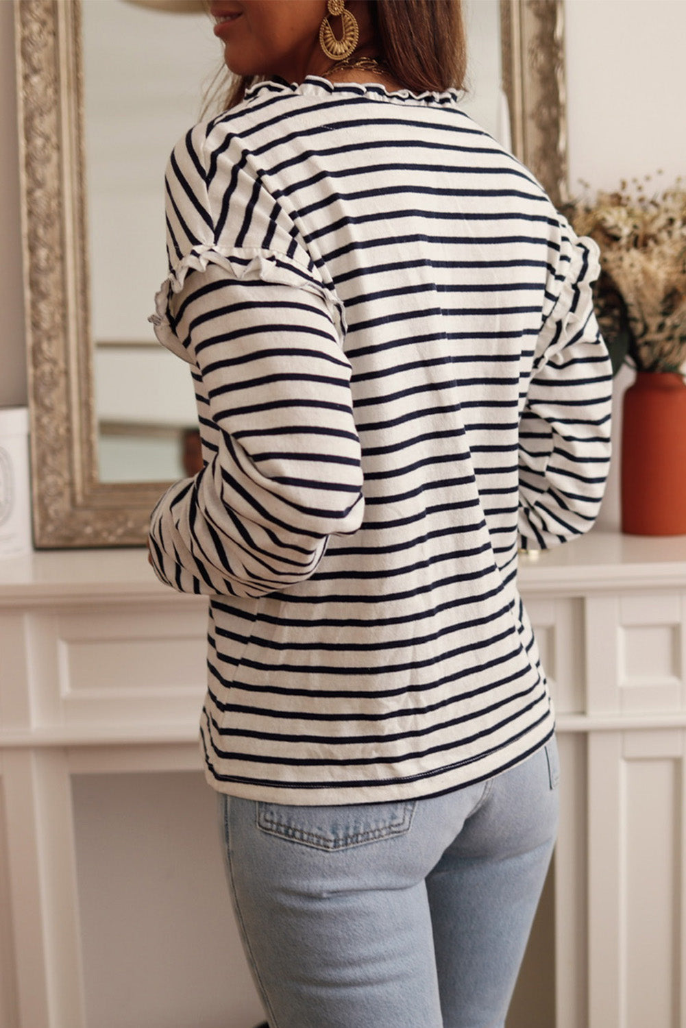 White Striped Snap Button Ruffle Trim Long Sleeve Top