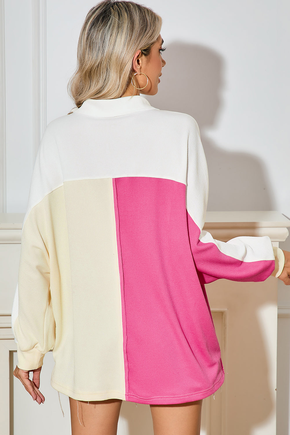 Pink Colorblock Patchwork Ribbed Oversized Sweatshirt-True and Wild