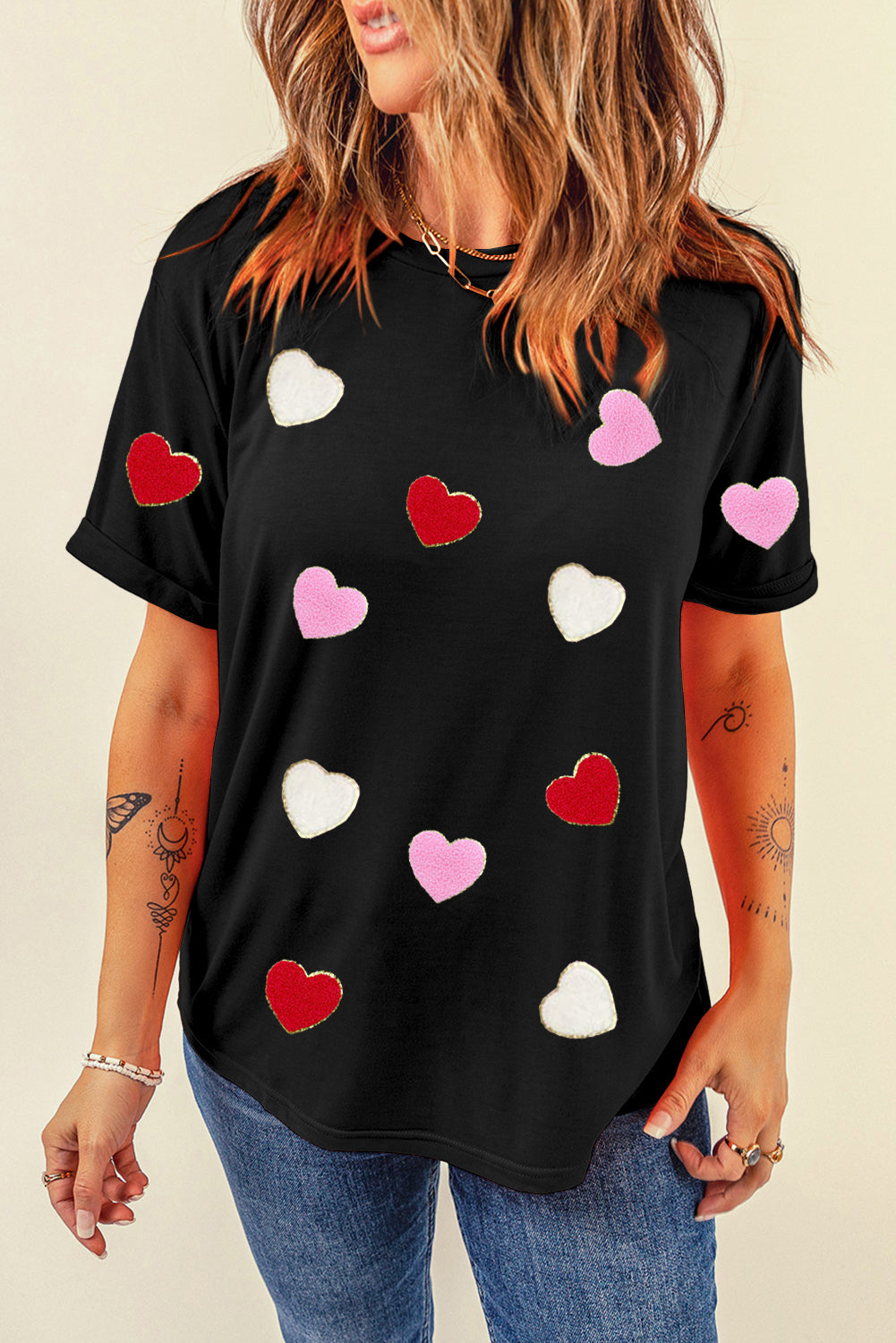 Black Valentines Chenille Heart Patched Pattern Crewneck Tee-True and Wild