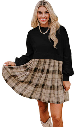 Black Plaid Patchwork High Waist Sweatshirt Mini Dress-True and Wild