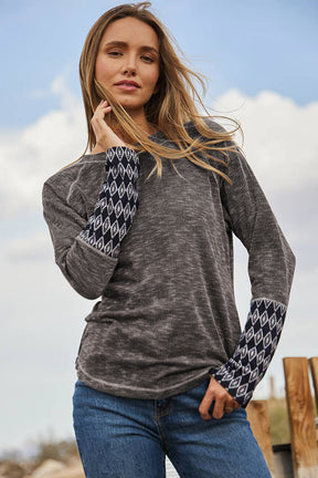 Gray Ribbed Casual Geometric Patchwork Long Sleeve Top-True and Wild