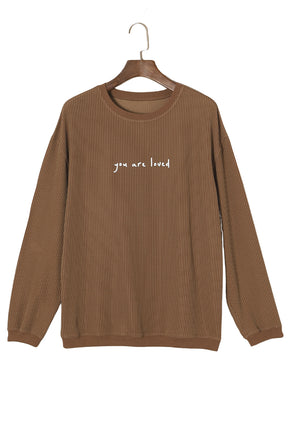 Khaki You Are Loved Print Crinkle Rib Sweatshirt-True and Wild