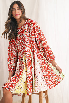 Red Boho Floral Patchwork Long Sleeve Pleated Dress-True and Wild