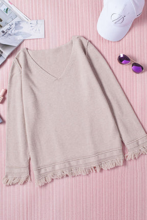 Exposed Seam Fringe Hem V-Neck Long Sleeve Sweater